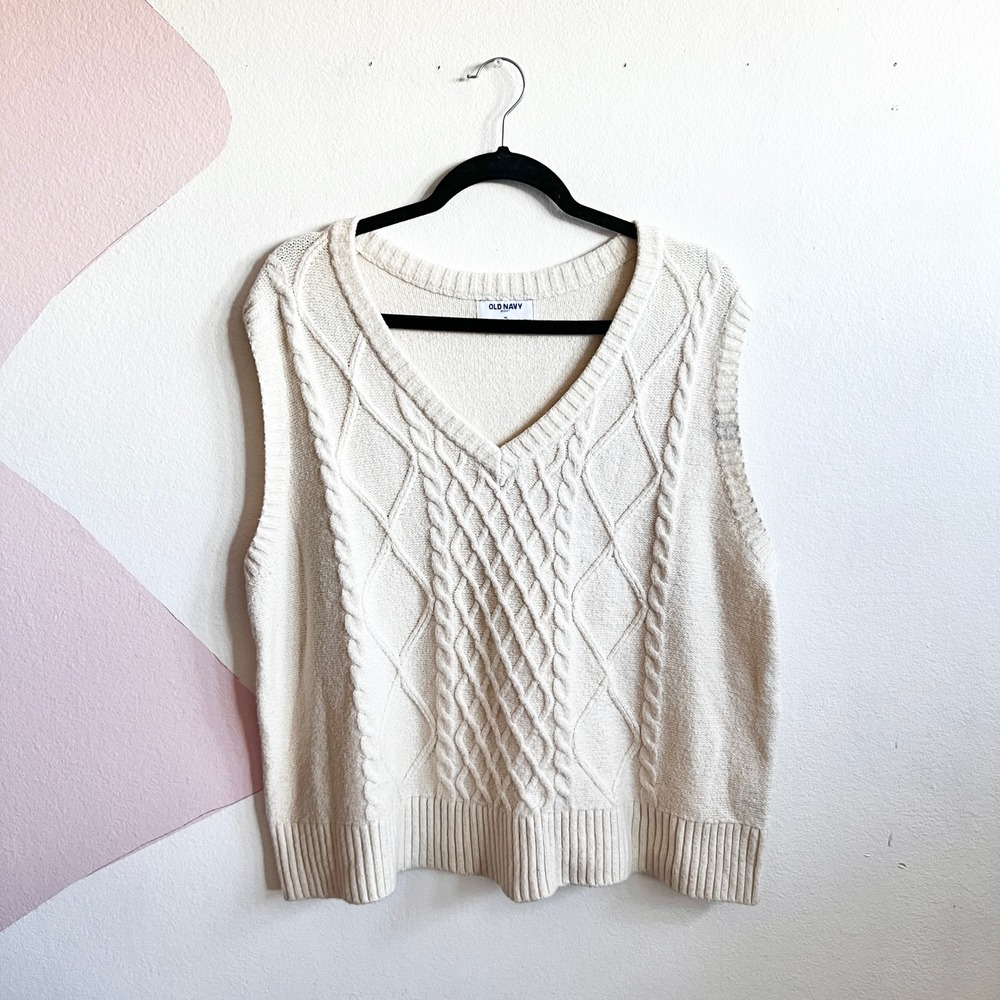 Old‎ Navy Cable Knit Sweater Vest Retro Cottagecore Cozy Fisherman Cream XL